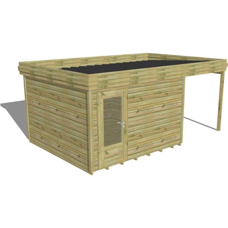 ABRI DE JARDIN bois Pin autoclave 27mm - 5,44x3,44m / 18,7m2 - Bac acier - Plancher bois