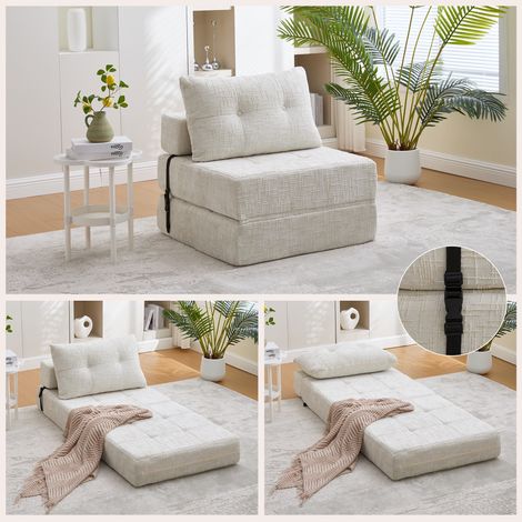 Canapé convertible 79x79x57cm avec Coussins - Matelas Pliable de Sol Design Ergonomique - Chenille - Beige