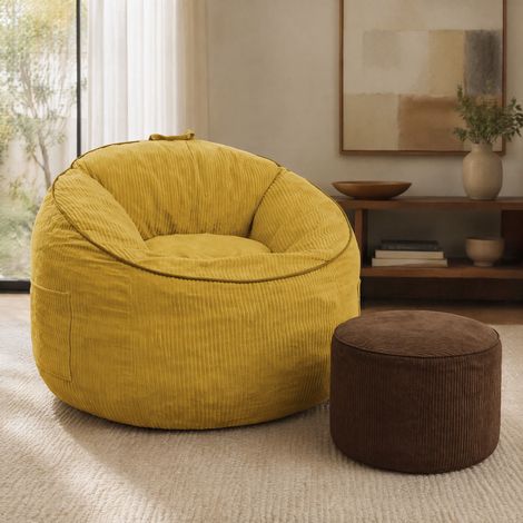 Fauteuil poire ergonomique jaune avec poche de rangement et ottoman cylindrique assorti (1/5)