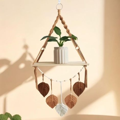 Étagères murales flottantes bohèmes avec feuilles en macramé – Étagères murales en bois sans perçage, finition naturelle – Étagère de rangement décorative pour chambre et salon (marron)