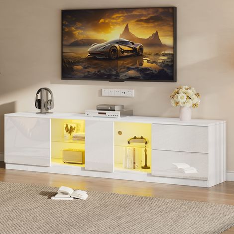 TV-Schrank MDF Weiß Hochglanz 160 x 40 x 52 cm mit 2 Schubladen, 1 Schrankfach, LED und Glasboden (1/5)