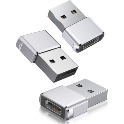 Lot de 3 adaptateurs USB vers USB-C, câble convertisseur de charge USB-C femelle vers USB-A mâle pour Apple Watch 8/7, MacBook, iPhone 12/13/14/15 Max Pro (argent) (1/5)
