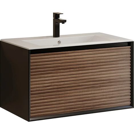 Meuble de salle de bain suspendu strié avec vasque à encastrer et robinet - Coloris naturel foncé et noir - 80 cm - BANIVA (1/5)