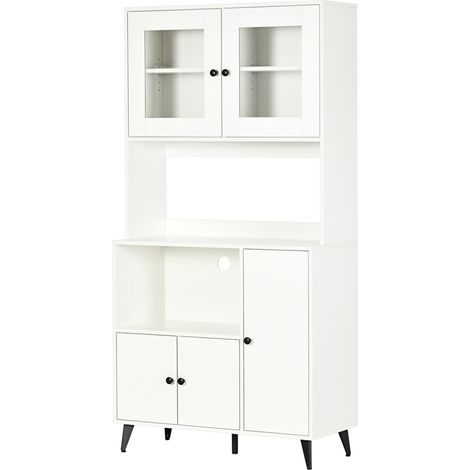 Armoire de cuisine avec 3 placards, niches, étagères réglables, portes vitrées, passe-câble, 90x40x180cm, blanc (1/5)