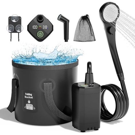 Ducha eléctrica para camping, Recargable, Con pantalla LED inteligente, IPX7, Ducha para exteriores, Ducha para camping al aire libre, Negra (1/5)