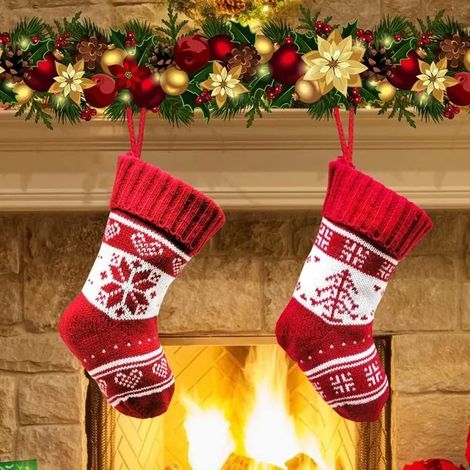 Chaussettes de Noël à suspendre - MICH - Lot de 2 - Rouge tricoté - Personnalisé - Décoration sapin (1/5)