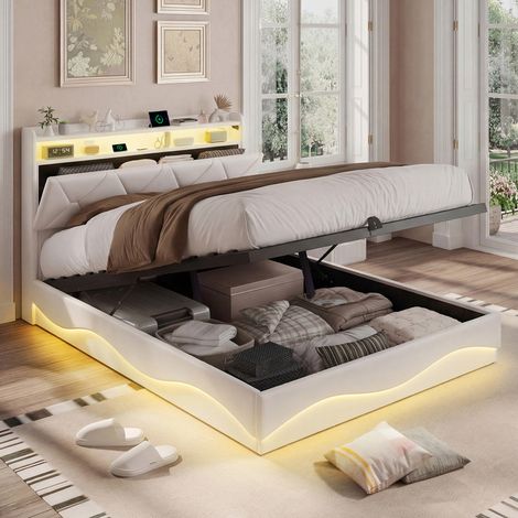 Lit coffre 160x200 cm avec sommier, lit double avec rangement hydraulique, tête de lit capitonné avec rangement, LED & USB, capacité 300 kg, velours beige (1/5)