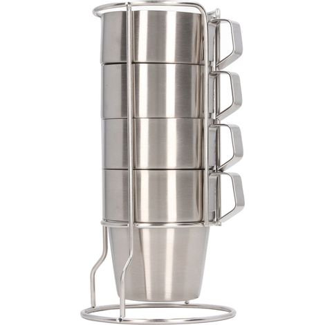 Lot de 4 tasses camping acier inoxydable double paroi avec porte-gobelet empilable, mugs à café extérieur pour pique-nique (1/5)