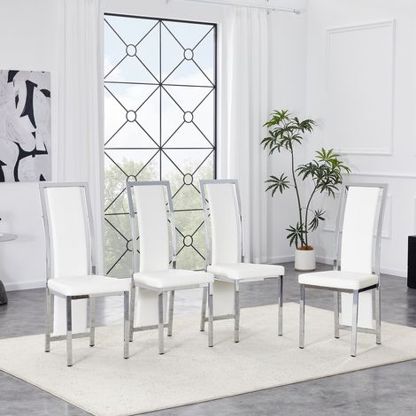 Lot de 4 chaises de salle à manger, chaises de cuisine et fauteuil de bureau, métal chromé et simili cuir PU dossier haut 109 cm, Blanc et Argent (1/5)