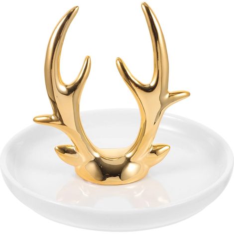 Plat à Bijoux en Céramique Blanche Motif Cerf Doré Porte-Bagues Compact et Léger Plateau Décoratif Multifonction pour Rangement Bijoux Clés et Pièces pour Maison et Bureau (1/5)