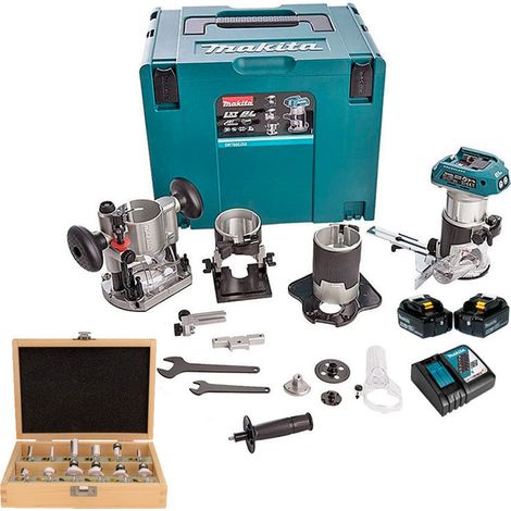 Rifilatore a batteria 18V Li-Ion BL (2x5,0 Ah) + set di 12 frese per legno Ø 6 mm - MAKITA DRT50RTJX3 - D-57065