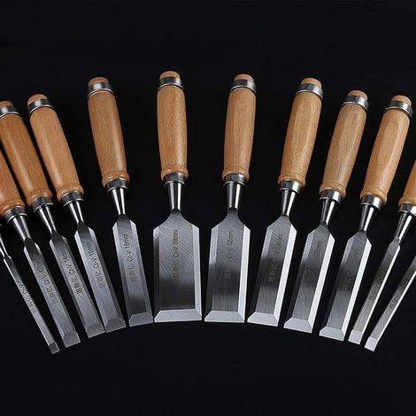 Set mit 12 robusten Holzmeißeln aus Chrom-Vanadium-Stahl, von 6 bis 38 mm