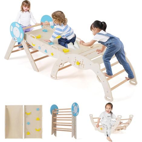 COSTWAY 7 in 1 Set da Arrampicata per Bambini, Giochi da Arrampicata con Scivolo, Scala e Arco, Set Montessori in Legno con Gioco del Labirinto, Pieghevole, 1 Anni + (Marinaio 3 pezzi, Naturale) (1/5)