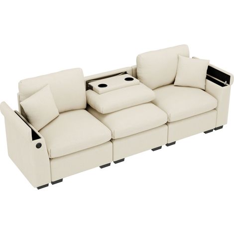 Divano Dritto 3 Posti con Schienale Ribaltabile, Porta USB, Portabicchieri e Contenitore, Ciniglia Beige (1/5)