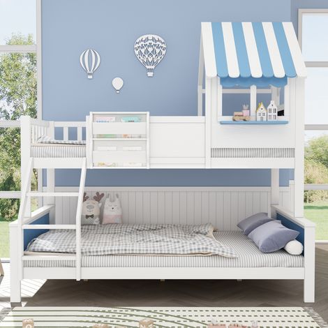 Letto a castello 90x200cm+120x200cm, Letto per bambini con rete a doghe, con contenitore, scaletta, 2 posti, tavolo da disegno, Pino+MDF, Bianco+Blu (1/5)