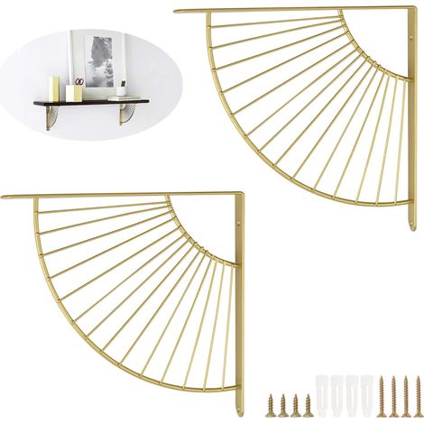 Lot de 2 supports d'étagère flottants en métal doré en forme d'éventail - Décoration murale à suspendre pour maison, bureau, restaurant, décoration - Doré - 25 cm (1/5)
