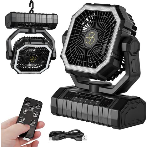 Ventilateur de camping portable noir batterie 20000mAh oscillant télécommandé, éclairage LED 3 niveaux posable ou suspensable pour extérieur (1/5)