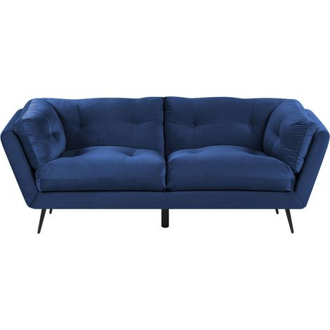 Sofá 3 plazas tapizado en terciopelo azul 210 x 90 cm patas de metal cojines adicionales retro Lenvik