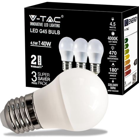 V-TAC Lampadina LED con Attacco E27 4,5W (Equivalenti a 40W) - G45-470 Lumen - Lampadina LED Massima Efficienza e Risparmio Energetico - Luce 4000K Bianca Naturale (Box 3 Pezzi) (1/4)