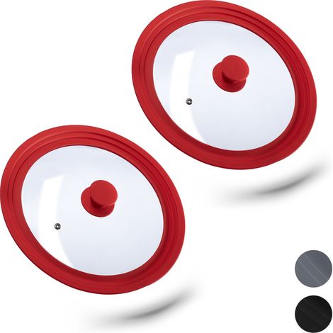 Set of 2 Relaxdays Saucepan Lids Universal, Glass Cover, Stepped Silicone Rim, Pots & Pans 26-30 cm, 5x27,5 cm, Red