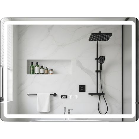 Miroir de salle de bain mural avec interrupteur tactile LED, fonction antibuée, éclairage avant et arrière, 60 × 80 × 3 cm (1/5)