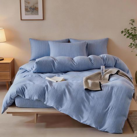 Housse de Couette 220x240 Bohème Jacquard Rayures Bleu (1/5)
