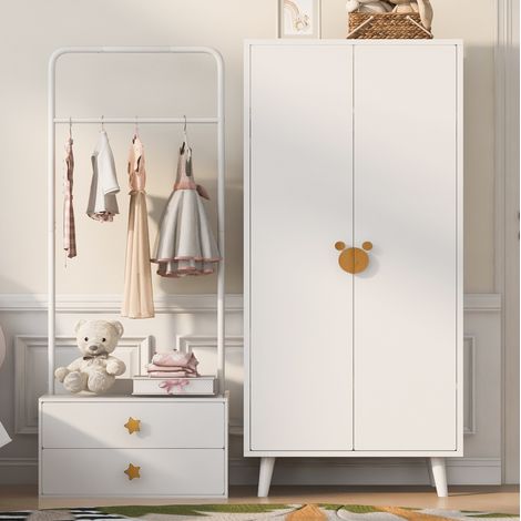 Armadio per bambini 140x55x170 cm, 2 ante con contenitore, maniglie a forma di personaggi dei cartoni animati e piedini rialzati, MDF bianco (1/5)
