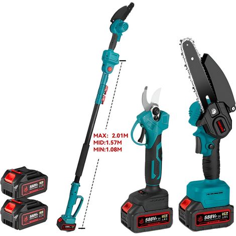 Elektrischer Hochentaster und Teleskopstangen-Kettensägensatz, 2 m verstellbare Teleskopstange + bürstenlose 6 Zoll Kettensäge + 25mm Elektro-Hochentaster, mit 2 Batterie