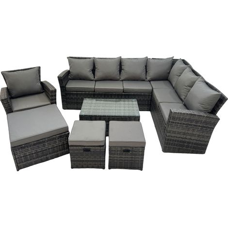 Fimous Rattan Garden Outdoor Furniture Set 10 Seater Garden Sofa Coffee Table Sets with Chair 3 Footstools Dark Grey Mixed (1/5)