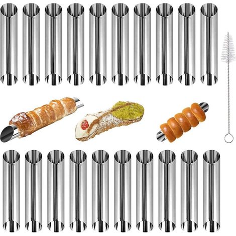 Cannoli Forme - Acier Inoxydable - 12,5 x 2,5 cm - Pour Four ou Friture - Avec Brosse de Nettoyage - Lot de 20