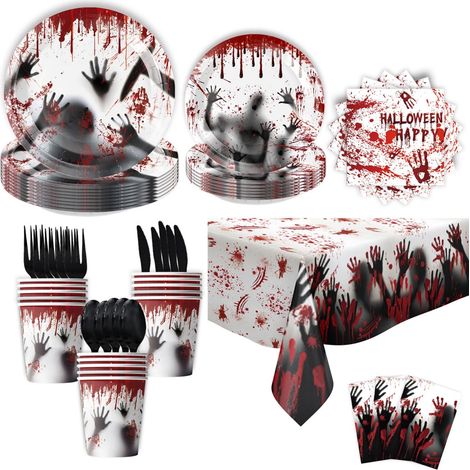 Set Decoration Halloween - Assiettes En Papier - Gobelets En Papier - Nappe En Plastique À Empreintes De Main Rouges - Drapeaux - 20 Serviettes En Papier