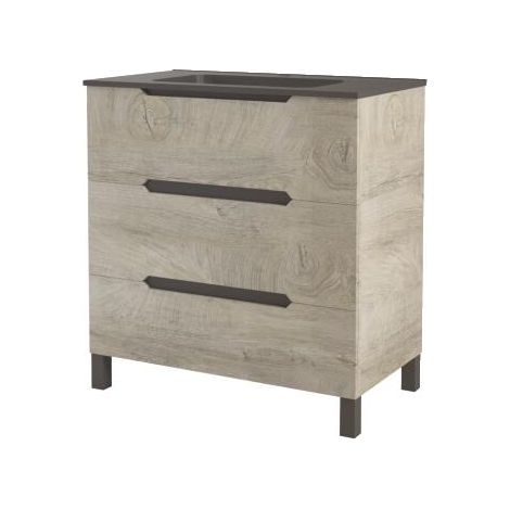 ONDEE ZEN - Meuble salle de bain à poser ALASKA -80cm - Bois - 3 Tiroirs - plan vasque noir (1/3)