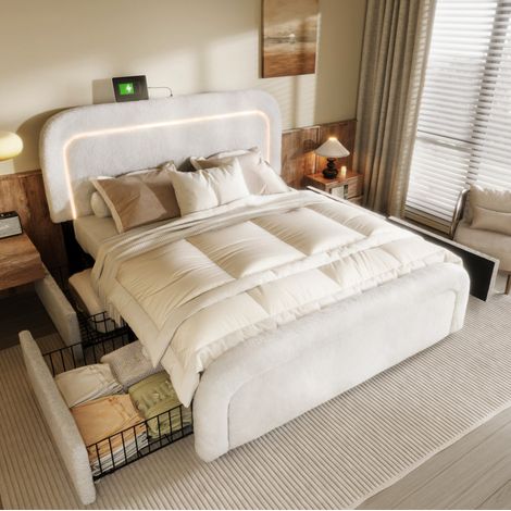 Letto contenitore 140x200 cm con 4 cassetti, LED, USB Type-C e testiera regolabile bianco HAVRYA (1/5)