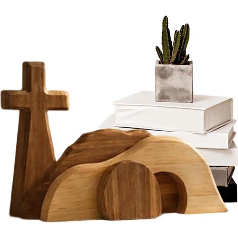 Generisch La tombe vide Figurines de table religieuses en bois – Crèche de Pâques, scène de Pâques, décoration de Pâques en bois, résurrection de Pâques, ornement de Pâques, église, cheminée, fête (1/5)