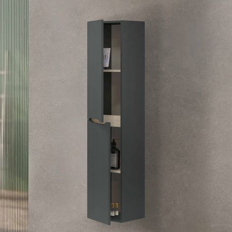 Dmora - Columna de baño Williamsburg, Mueble de baño suspendido con 2 puertas, Armario alto, 31x26h135 cm, Antracita y Roble, con embalaje reforzado