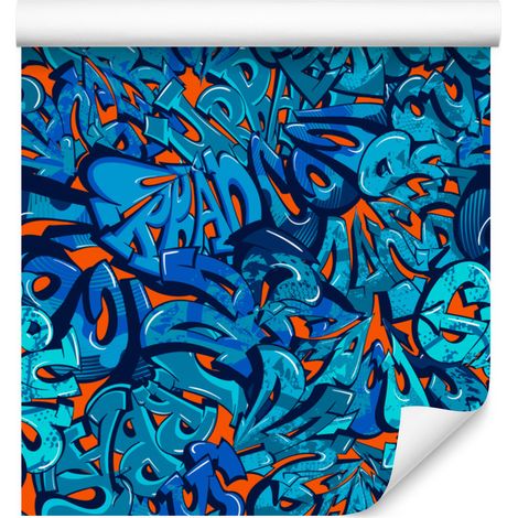 Carta da parati con scritte graffiti in diverse tonalità di blu, 50x1000 cm (1/5)