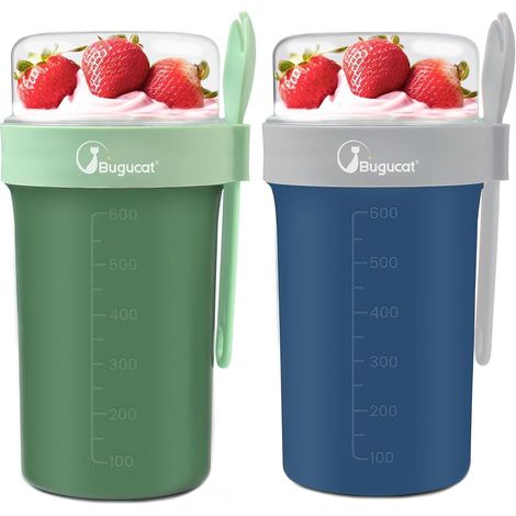 Müslibecher to Go 2er Set, 760ml+230ml, auslaufsicher, mit Löffel, Blau+Grün (1/5)