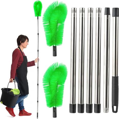 Brosse de gouttière, nettoyeur de gouttières avec 6 poignées télescopiques amovibles et 2 têtes de brosse vertes, nettoyeur de gouttières de 258 cm pour nettoyer les feuilles, le toit, les fenêtres (1/5)