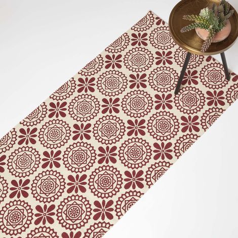 HOMESCAPES Cassia Red Cotton Geometric Hallway Runner Rug 66 x 200 cm
