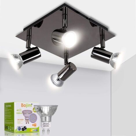Luminaire Plafonnier LED 4 Spots Orientables Carré Moderne en Chrome Noir, 6W GU10 4500K Blanc Neutre AC220-240V IP20, Luminaire Plafond pour Salon Salle à Manger Cuisine, Ampoules Incluses (1/5)