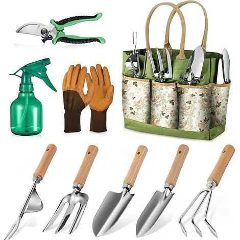 Kit d'outils de jardinage à main robustes en acier inoxydable, composé de 9 pièces et respectueux de l'environnement. (1/5)