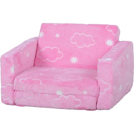 Canapé enfant pliable 2 en 1, revêtu d'un tissu lumineux à motif nuages, coussin et housse lavables, rose (1/4)