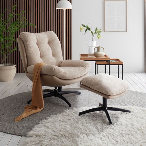 Fauteuil pivotant 71x77x87cm en tissu beige chiné et pied noir (1/5)