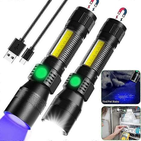 Lampe torche à lumière noire, lampe torche tactique rechargeable avec lampe de travail COB et base magnétique, 2000 lumens pour la sécurité et les activités de plein air (1/5)