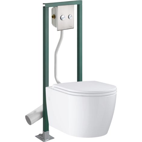 Pack inodoro suspendido sin reborde GROHE Start Round + asiento de inodoro con cierre suave + estructura autoportante PRESTO + placa de accionamiento cromada