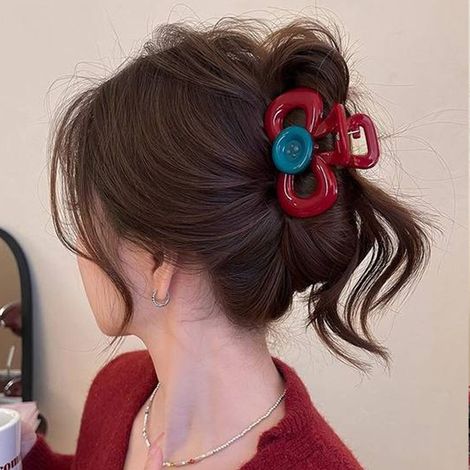 1 pince à cheveux Ankola rouge à bouton - pince requin style nouveau - pince à cheveux haut de gamme pour l'arrière de la tête - ornement de tête (1/2)