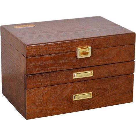 Boîte à bijoux en bois massif de style européen, boîte à bijoux en bois massif à couvercle rabattable, grande capacité, boîte de rangement à bijoux à double compartiment B (1/5)