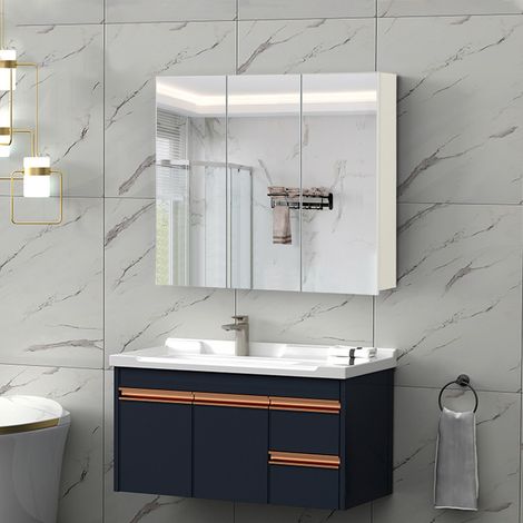 Bathroom Mirror Cabinet 3 Door Wall Mounted Storage with adjustable Storage Shelves HD Mirror Wooden Storage Organizer Bathroom White 70x16x63cm White (1/5)