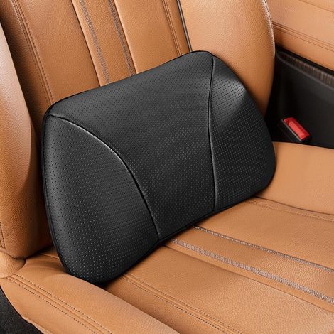 1P Driver Lumbar Cushion, Genuine Cow Leather, Memory Foam, Comfortable Lumbar Support, for Car and Office (Black) (1/5)