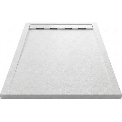 Mineralguss-Duschwanne extra flach RIBERA Schieferoptik WEIß 90x150cm Auslaufschutz in Farbe Ablaufschutz in farbe